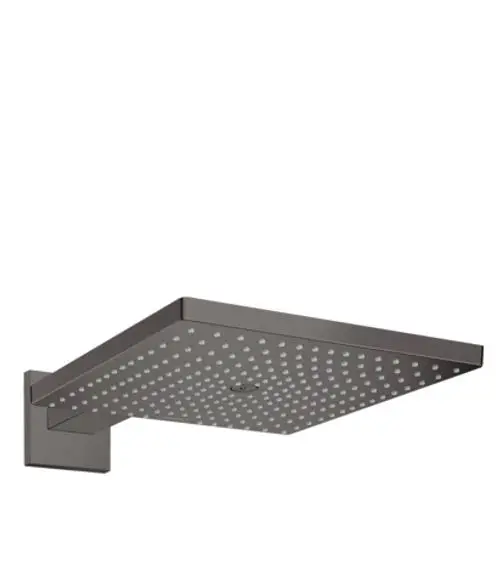 Duschkopf von Hansgrohe in Brushed Black Chrome, quadratische Form mit zahlreichen Düsen für gleichmäßige Wasserverteilung, befestigt an einem funktionalen Brausearm.